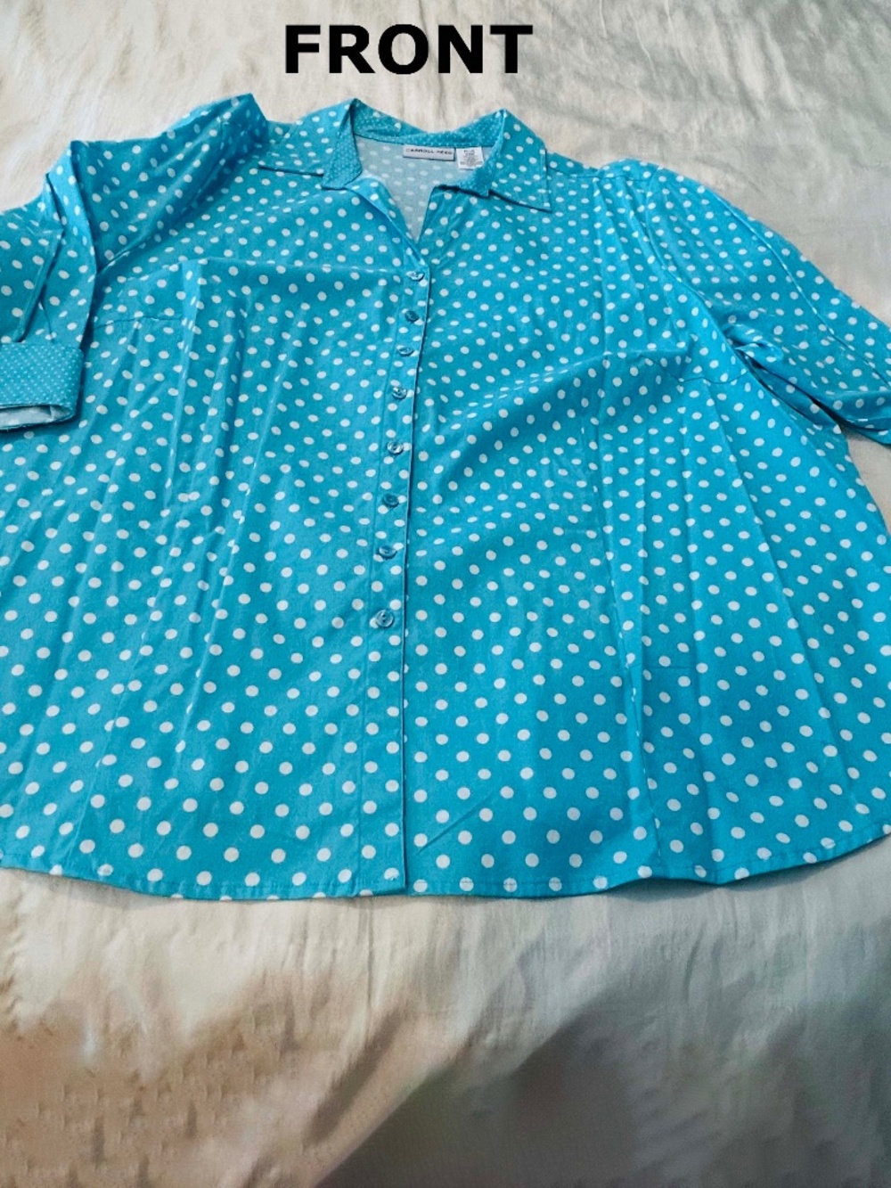BLOUSE, COTTON SPANDEX, TURQUOISE WITH WHITE DOTS, SIZE 24W, BUTTON FRONT, ¾ SLE